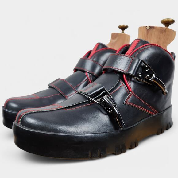 Vintage Prada Red Stripe Platform Boots Black Mens 9 (US 10) Made in Italy - Picture 6 of 16